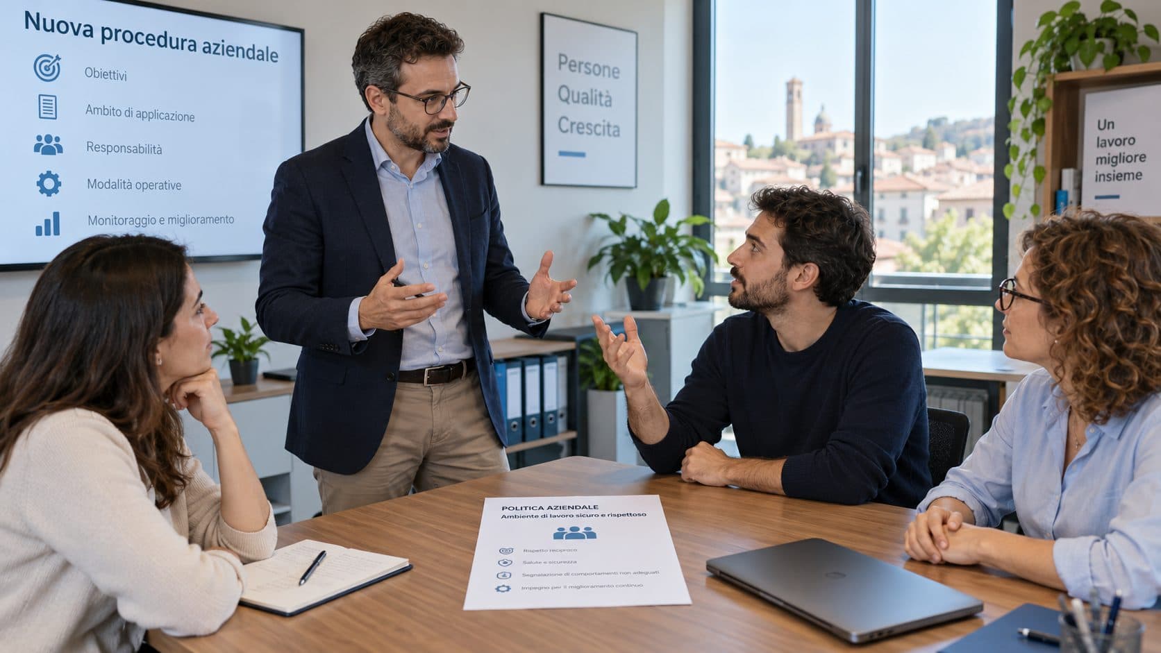 Un responsabile presenta al team la nuova procedura aziendale sull’uso dell’intelligenza artificiale
