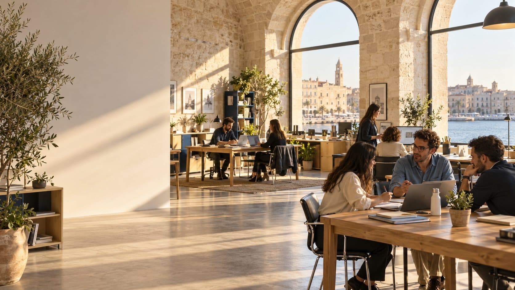 Open space di un’azienda a Bari con vista sul porto: piccoli team lavorano su progetti di intelligenza artificiale